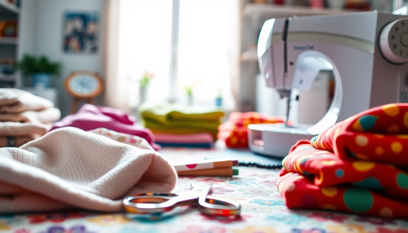 Sewing workspace with colorful stoffen voor naaien beginners and essential tools.