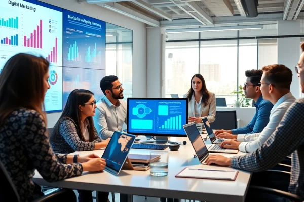 Escena dinámica de oficina que muestra un entorno de marketing digital en Guadalajara con profesionales creando estrategias.