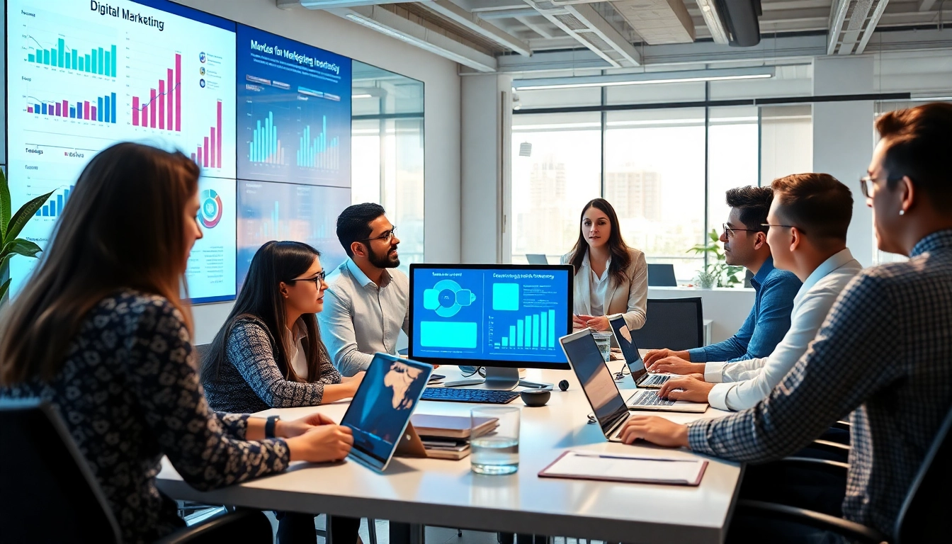 Escena dinámica de oficina que muestra un entorno de marketing digital en Guadalajara con profesionales creando estrategias.