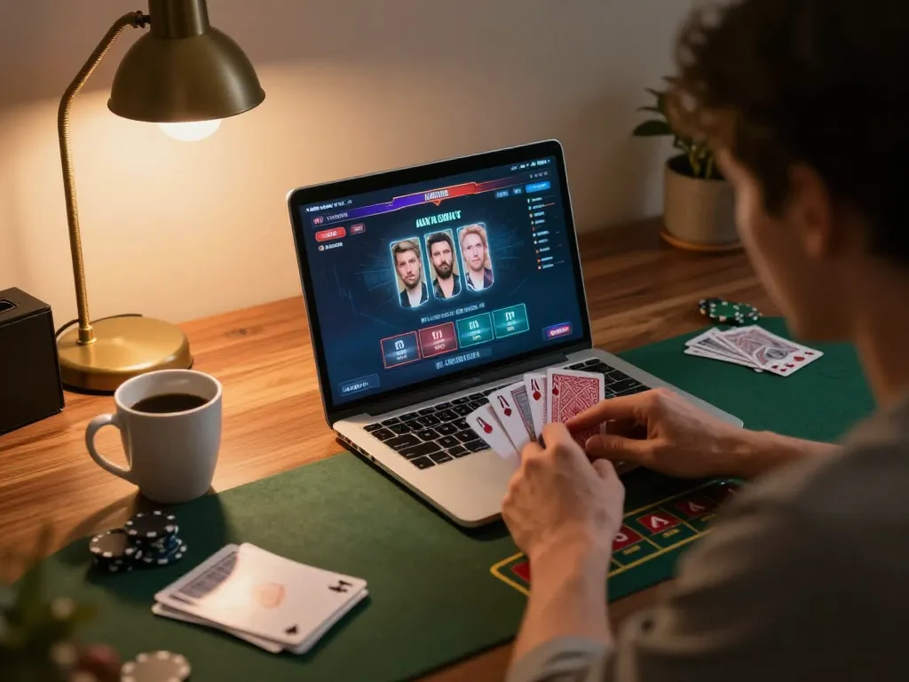 WALA88 player strategizing online poker game while sipping coffee in a cozy home setting.