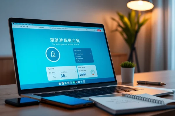 在现代工作场景中的笔记本屏幕上，显示网络优化的快连官网界面。