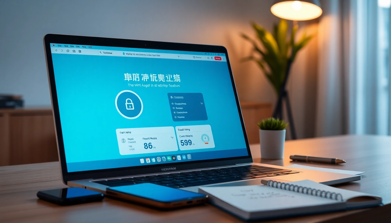 在现代工作场景中的笔记本屏幕上，显示网络优化的快连官网界面。