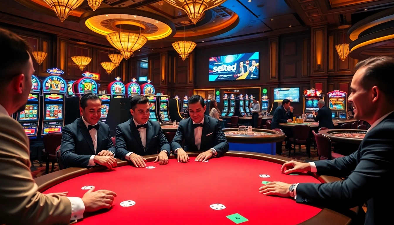 High-stakes action at a luxurious casino featuring games from https://s8ted.com/ with vibrant decorations.
