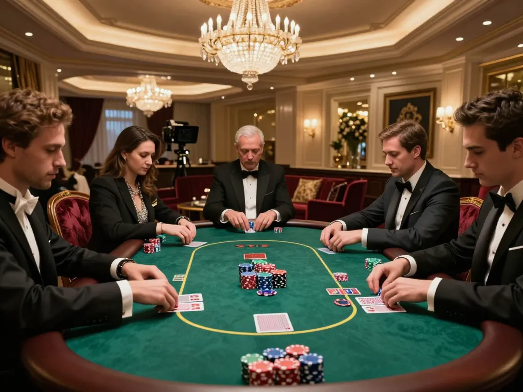 Engaging in a high-stakes poker game at a lavish casino suite featuring strategic analysis and luxurious decor with aa888 vibe.
