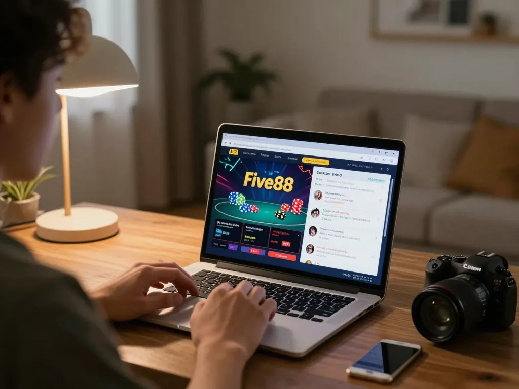Player using laptop at home for five88 online casino gaming, showcasing vibrant interface and strategic play.