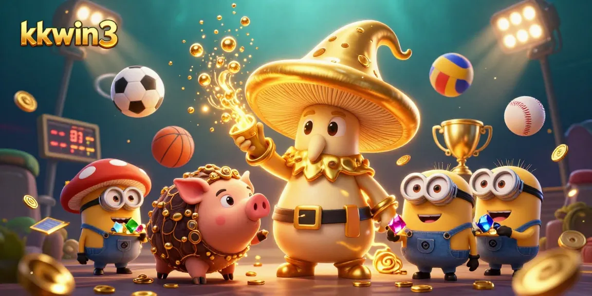 Join the fun at kkwin3 with a magical scene featuring a golden mushroom wizard and sports action!