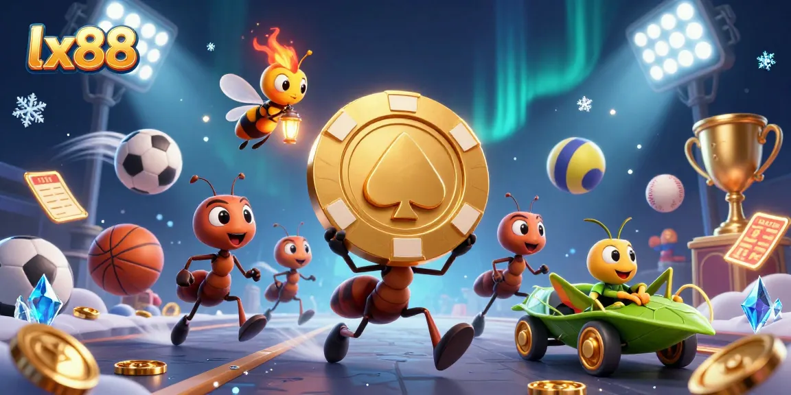 Experience the excitement of lx88 with ants on a heist for a giant golden poker chip amidst dynamic casino elements.