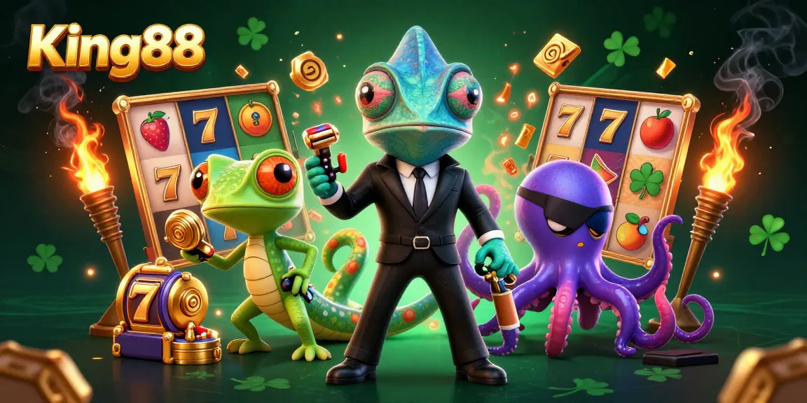 Engage in thrilling gameplay with King88's vibrant 3D cartoon scene featuring dynamic slot machine elements.