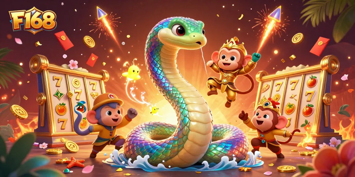 Experience thrilling gameplay with F168's colorful animation of a vibrant casino scene featuring a serpent and playful monkey.