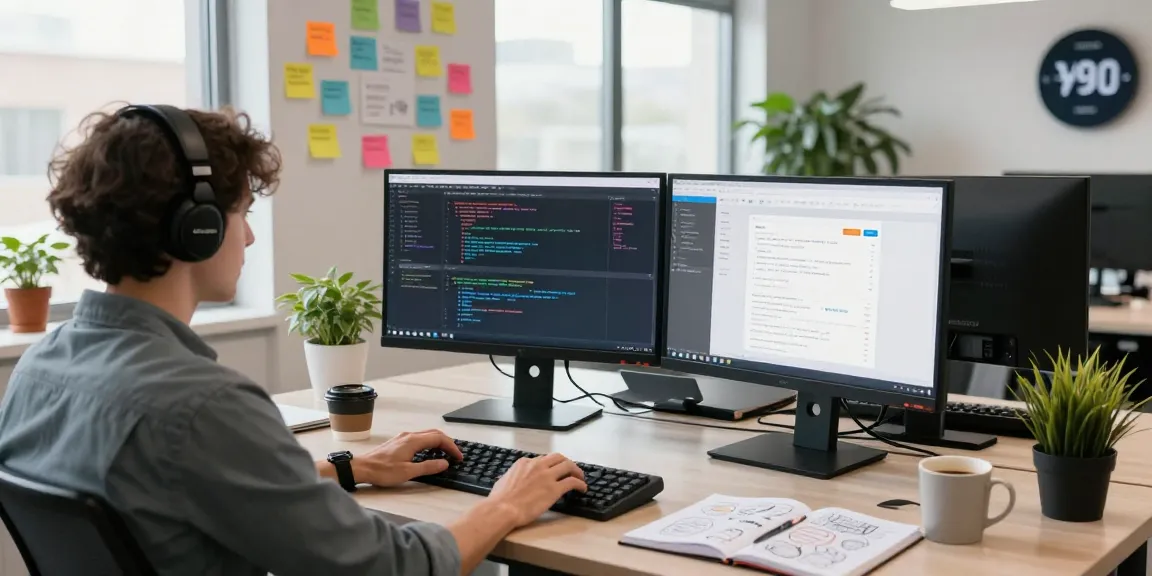 Build internal tools with AI in a vibrant developer workspace filled with coding screens and open notes.