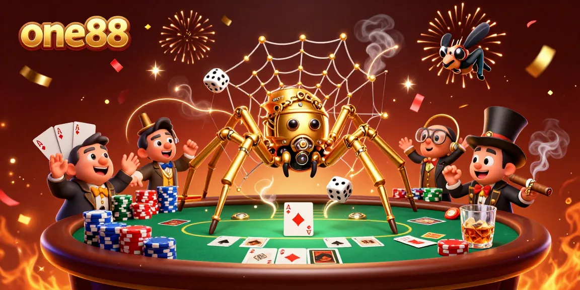 Engage with one88's lively casino atmosphere through stunning visuals of a steampunk spider and poker elements.