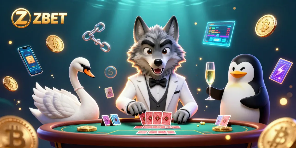 ZBET showcases a debonair wolf and elegant characters at a lively baccarat table amidst neon crypto elements.