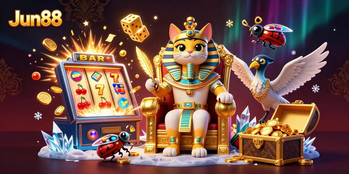 Experience thrilling slots at Jun88 with vibrant characters amidst explosive casino visuals.