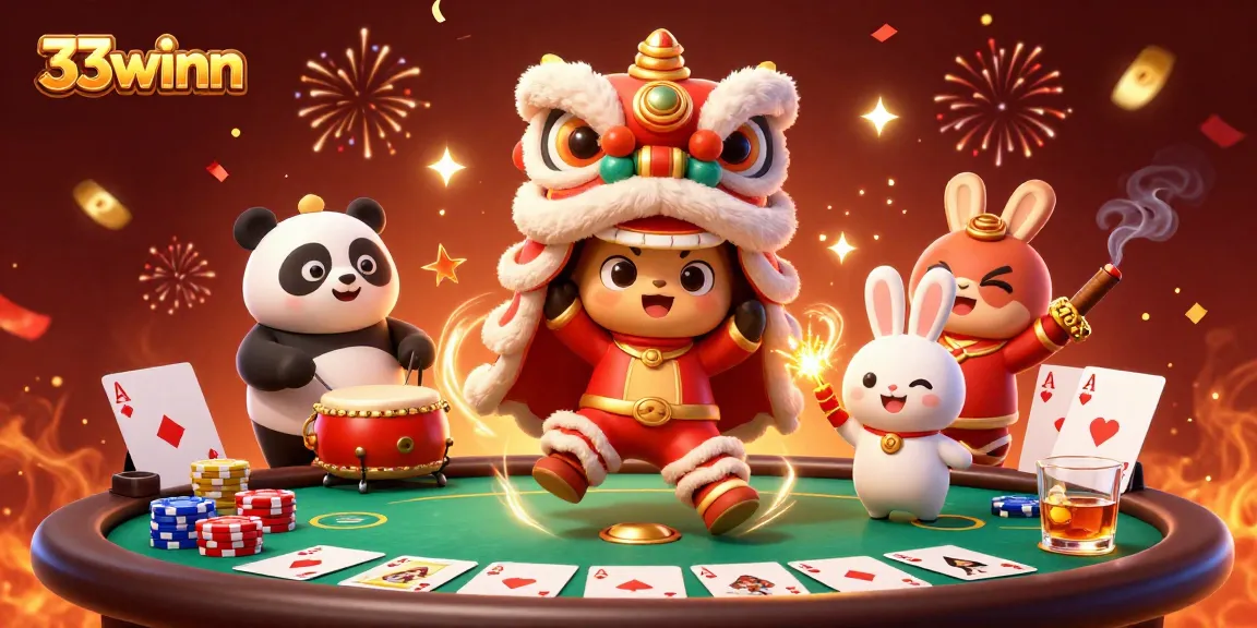 Engage with 33winn casino fun featuring a festive lion dance and poker elements.