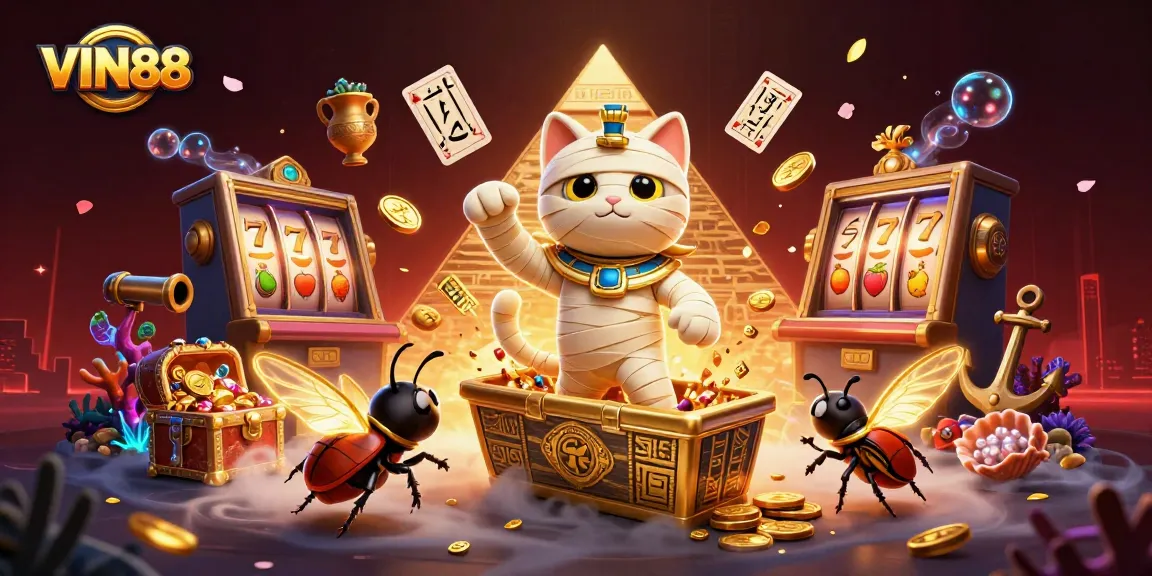 Experience the thrills of VIN88 with a 3D cartoon Egyptian mummy cat and vibrant slot elements in a pyramid casino
