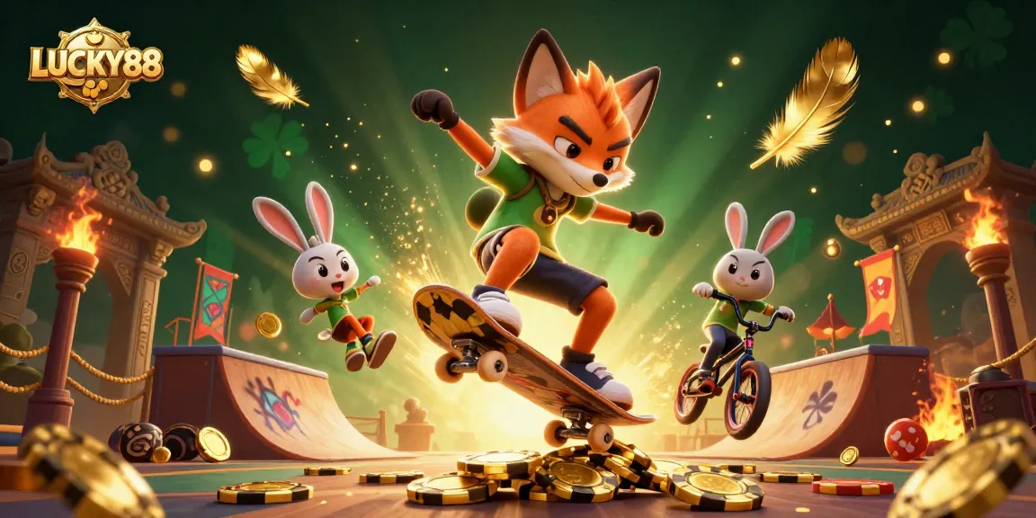 Experience exciting gaming with LUCKY88 as a fox skater and rabbit stuntman celebrate in a vibrant casino.