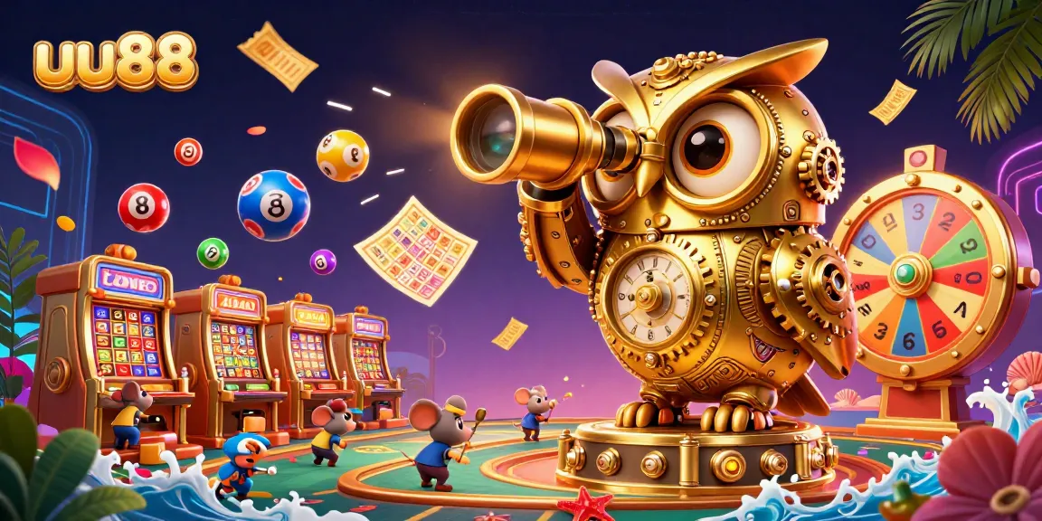 Engage with the thrilling uu88 gaming experience featuring a golden owl and vibrant casino elements.