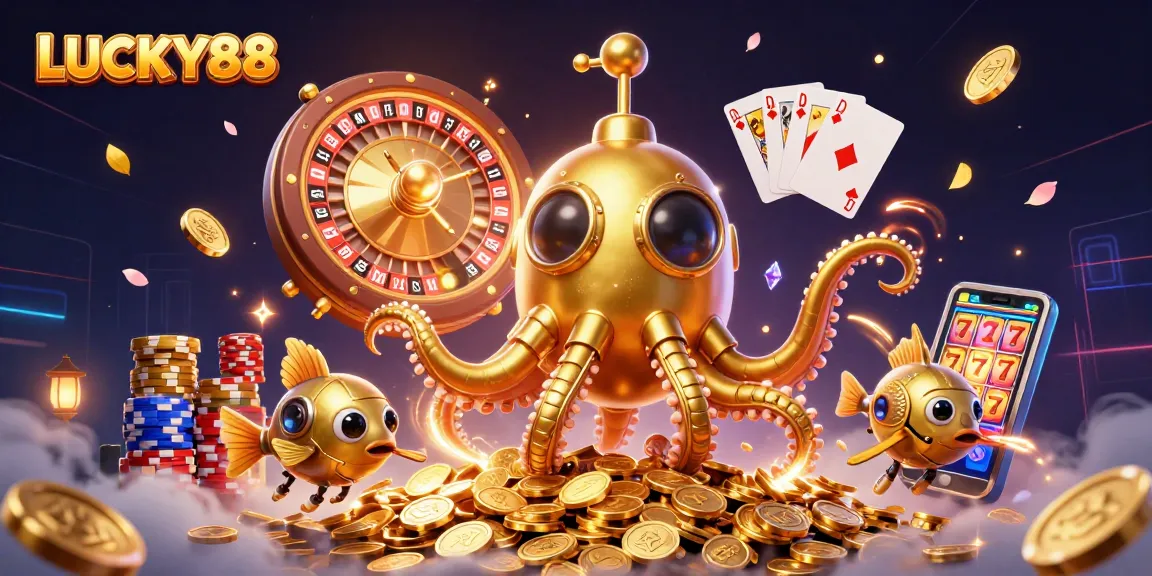 LUCKY88 illustrates a lively casino scene featuring a golden kraken submarine, roulette wheel, and rich game elements.