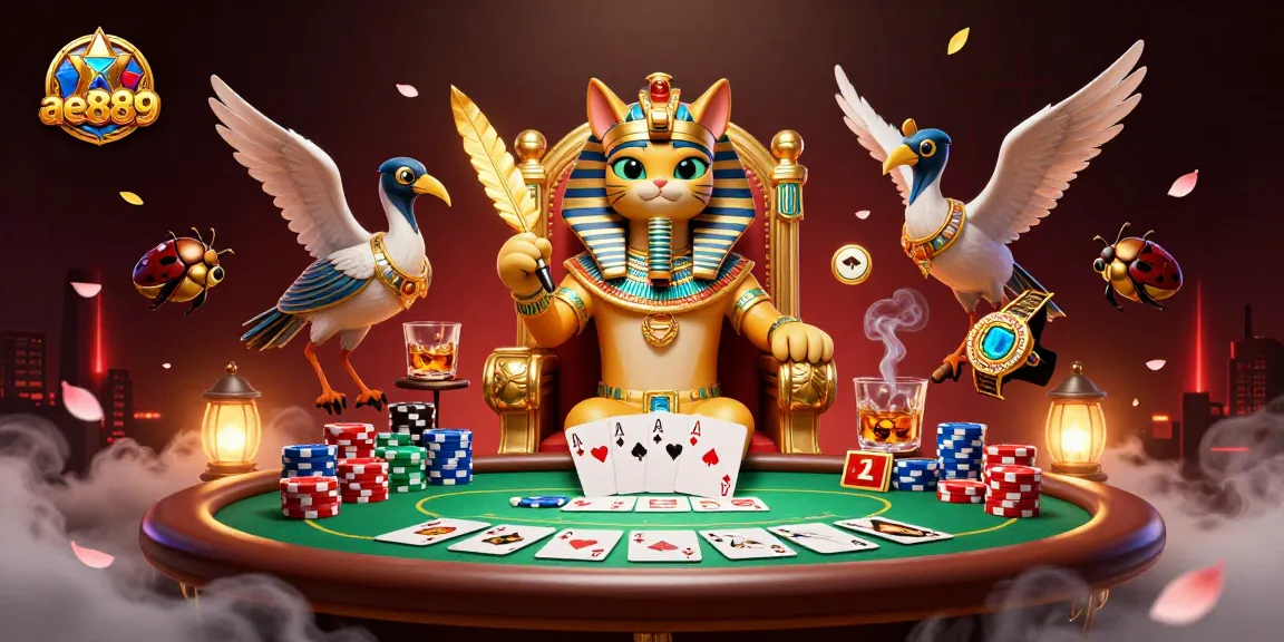 Experience dynamic gambling action at ae889 with an elaborate poker scene featuring a pharaoh cat and rich casino elements.