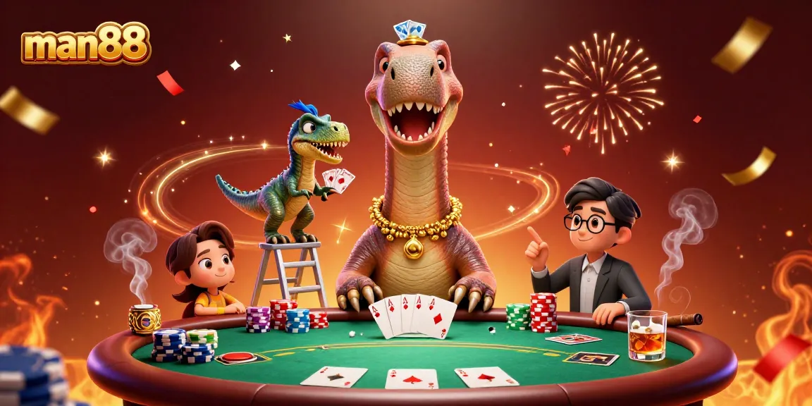 Experience excitement with man88's vibrant casino scene featuring engaging poker elements and playful characters.
