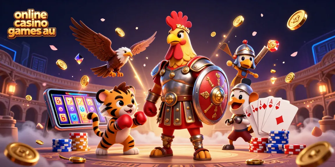 Engage with online casino games au featuring 3D rooster, tiger cub, and poker elements.