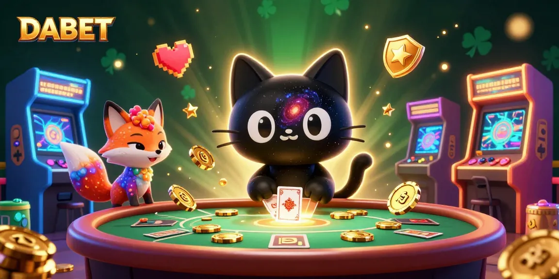 DABET casino scene featuring a black hole cat and colorful nebula fox interacting with virtual gaming elements.