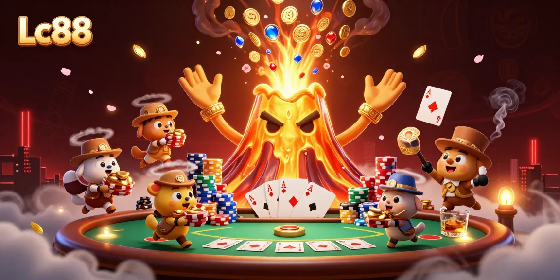 Experience thrilling gaming action at Lc88 with a golden volcano erupting treasure, rich poker elements, and vibrant details.
